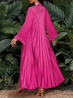 ZARA Hot Pink Casual Women's Plus Size Long Sleeve Pleated Maxi Dress